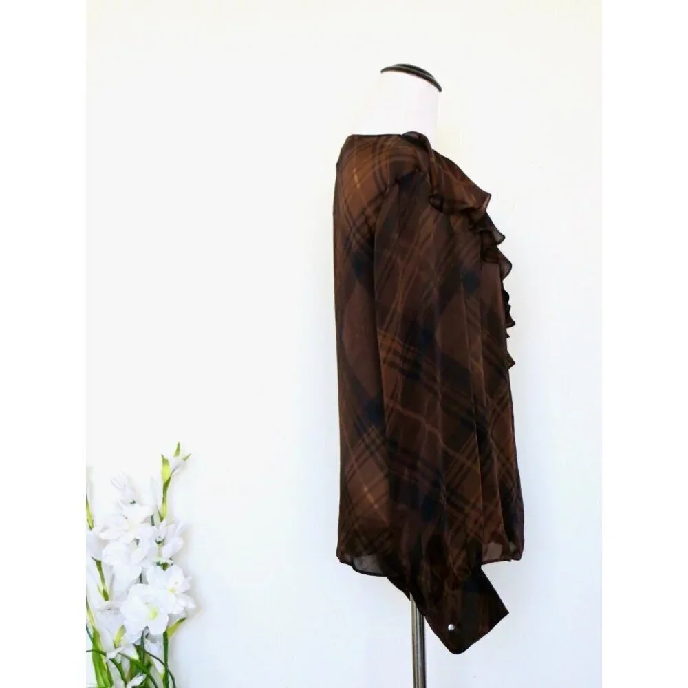 NEW! Lauren Ralph Lauren 100% Silk Wrap Blouse Plaid V-neck Ruffles Brown SZ 10